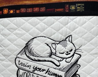 Embroidered Cat Book Pillow, World Domination Design, Cotton Print