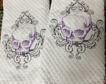 Halloween skull Kitchen  towel embroidered