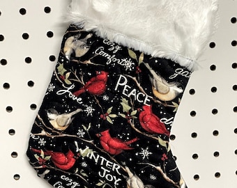 Cardinal Christmas Stocking, Winter Joy Print, Fur Cuff