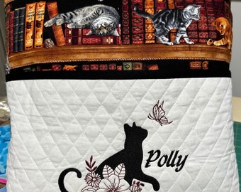 Personalized Cat Book Pillow, Embroidered Pocket, Cats on Bookshelf