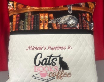 Embroidered Cats Books Pillow, Quilted Cotton, Library Cat Design