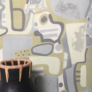 Cubist Jigsaw Wallpaper - Olive + Grey