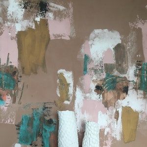 May include: Two white ceramic vases with a textured surface against a background of abstract brushstrokes in shades of brown, pink, teal, and gold.