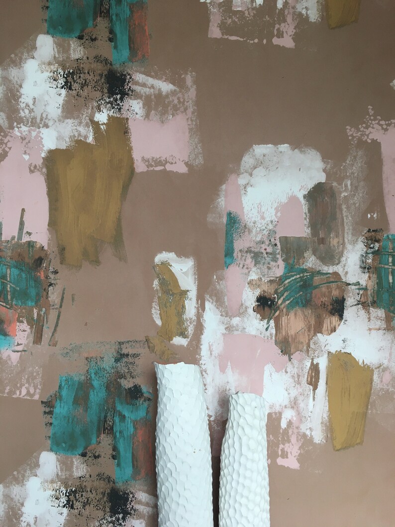 May include: Two white ceramic vases with a textured surface against a background of abstract brushstrokes in shades of brown, pink, teal, and gold.