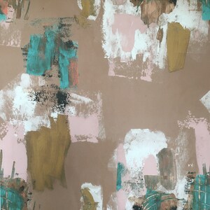 May include: Abstract art print with a brown background and colorful shapes in shades of pink, white, teal, and gold.
