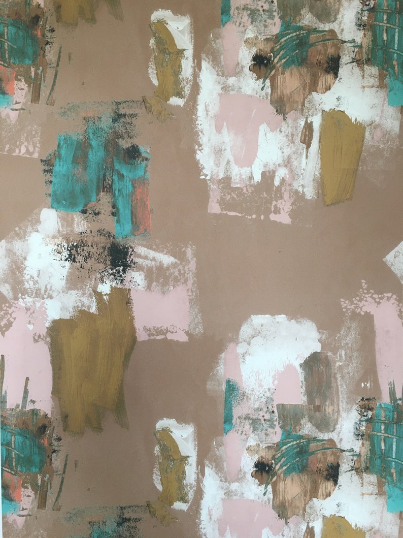 May include: Abstract art print with a brown background and colorful shapes in shades of pink, white, teal, and gold.