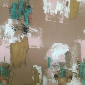 May include: Abstract art print with a brown background and colorful brushstrokes in shades of pink, teal, gold, and white.