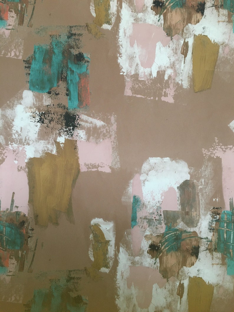 May include: Abstract art print with a brown background and colorful brushstrokes in shades of pink, teal, gold, and white.