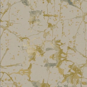 May include: Abstract pattern wallpaper with a light grey background and gold and grey splatter paint design.