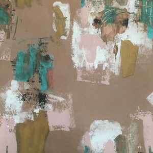 May include: Abstract art print with a brown background and colorful brushstrokes in shades of teal, pink, white, and gold.