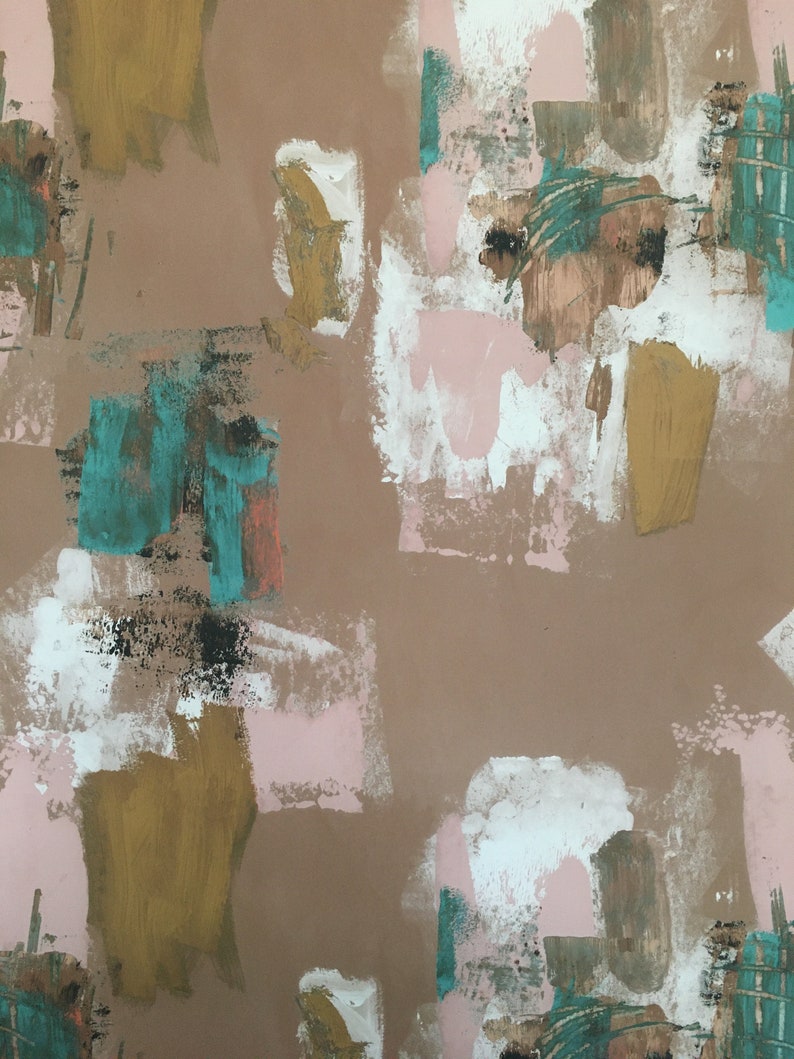 May include: Abstract art print with a brown background and colorful brushstrokes in shades of teal, pink, white, and gold.