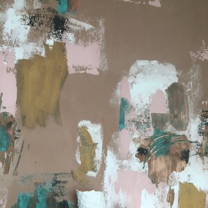 May include: Two white ceramic vases with a textured surface against a brown background with abstract painted shapes in shades of pink, white, teal, brown, and gold.