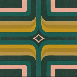 May include: Abstract geometric pattern with a symmetrical design. The pattern features a series of concentric circles in shades of green, gold, and pink.