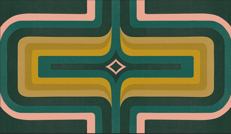 Puede incluir: Patr&oacute;n geom&eacute;trico abstracto con un dise&ntilde;o sim&eacute;trico. El patr&oacute;n presenta una serie de c&iacute;rculos conc&eacute;ntricos en tonos de verde, dorado y rosa.