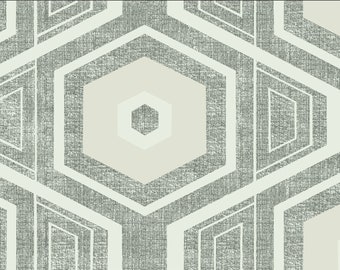 May include: Geometric pattern featuring a repeating design of hexagons and other shapes in shades of gray and off-white. The pattern has a textured appearance, creating a visual depth. The design is suitable for wallpaper or fabric.