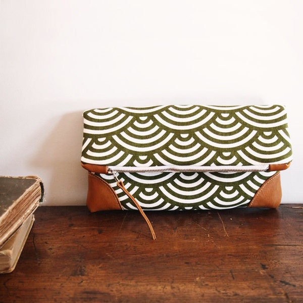 Foldover Clutch Purse/ olive green wave pattern and natural Tan Leather/ zippered clutch/spring/ June trend