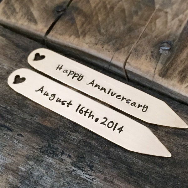 Hand stamped bronze collar stays anniversary wedding gift for him wedding date gift personalized collar stays 8 year anniversary gift