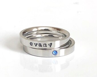 Personalized Birthstone Stacking Ring: Stainless Steel Name Ring