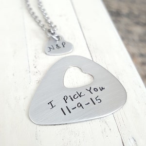 Personalized Guitar pick hand stamped jewlery his and her gift heart necklace I pick you cut out heart steel anniversary gift 11 years image 4