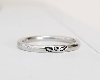 Memorial Remembrance Ring, Angel wing ring, Stainless Steel Stacking Ring, Name Ring 2 mm,Hand Stamped Ring, Pregnancy Loss Ring,Miscarriage