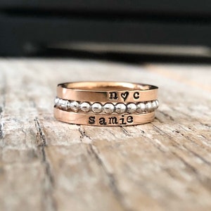 Stacking Name Ring, Personalized Ring, Tiny Flat 2mm Name Ring, Handstamped jewelry Stamped stacking ring,Rose name ring