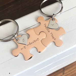 Puzzle piece keychains my missing puzzle piece hand stamped Rose Gold Plated over stainless steel long distance relationship
