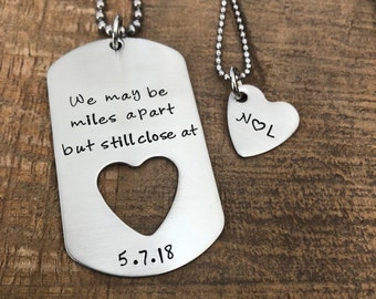 Couples Necklace Set Stainless Steel Military Style Dog Tag Hand-stamped jewelry Boyfriend Gift Girfriend Friend Long Distance Relationship