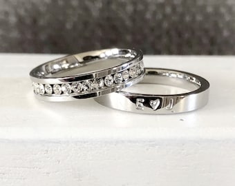 Set of Two 3mm Date ring stainless steel rings Initals or Anniversary Date Hand Stamped stacking ring Hand stamped jewelry CZ Diamond Spacer