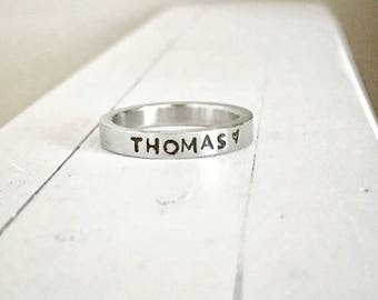 name ring personalized ring 3mm Flat stainless steel ring Hand Stamped stacking ring Hand stamped jewelry