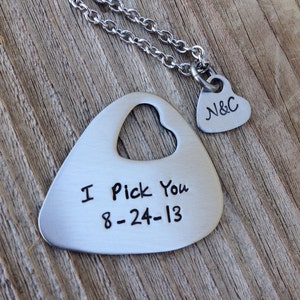 Personalized Guitar pick hand stamped jewlery his and her gift heart necklace I pick you cut out heart steel anniversary gift 11 years image 3