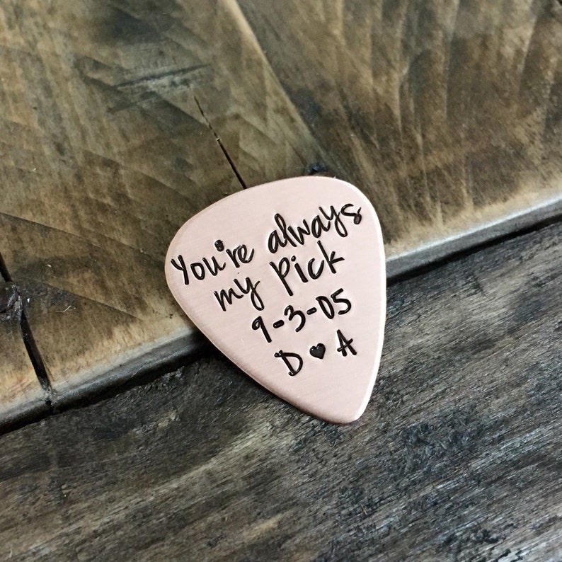 Hand stamped guitar pick custom copper gift for him or her