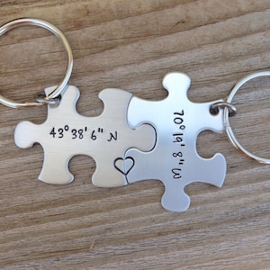 Coordinate puzzle keychains Long Distance Relationshiphand stamped jewlery key chains personalized his and hers best friends jewelry