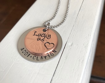 Hand stamped mom necklace Lucky Us penny personalized family necklace , kids names