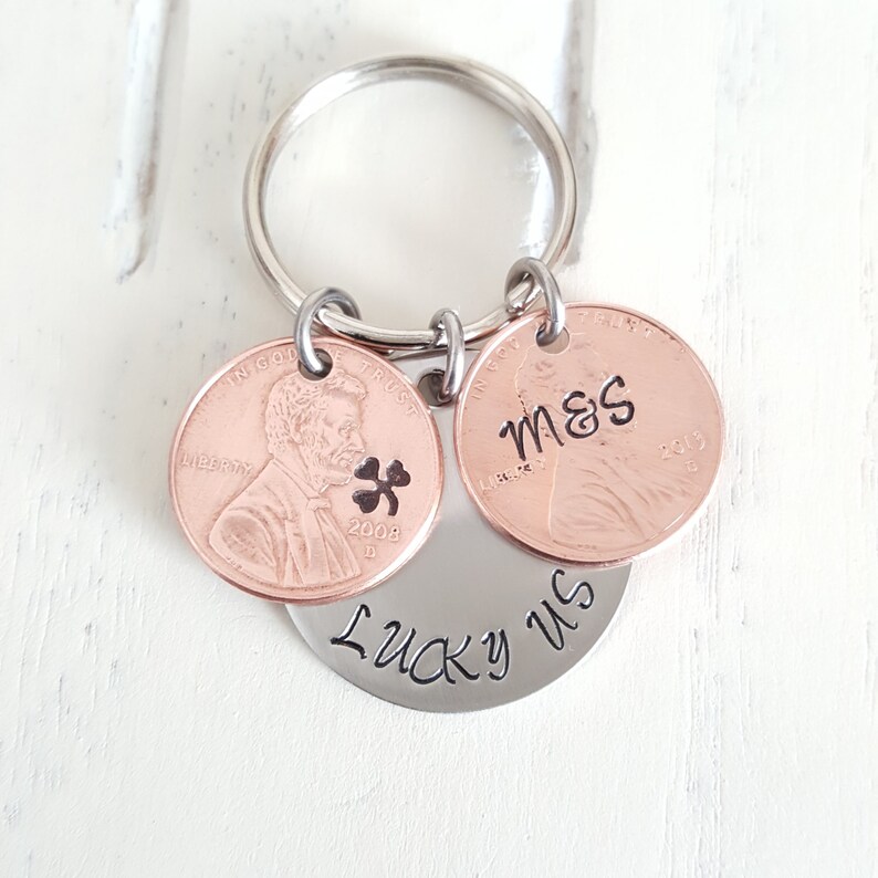 Lucky us penny keychain 2 pennies custom hand stamped copper anniversary gift Husband Gift Boyfriend Gift image 1