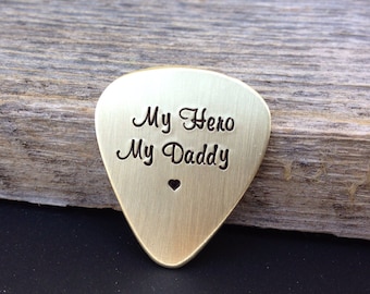 Guitar pick daddy gift hand stamped Brass pick My Hero My Daddy gift for dad jewelry