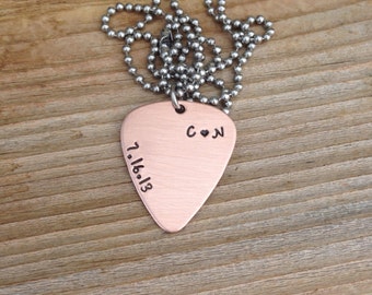 Guitar Pick Necklace, Stamped Guitar Pick, 7 Year Anniversary