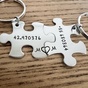 Personalized Coordinate Puzzle Keychain Set: Hand Stamped Stainless Steel