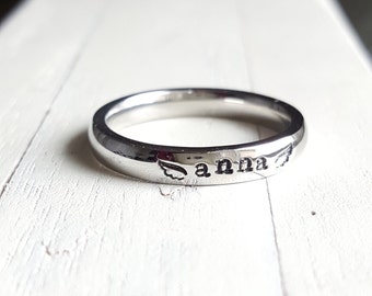 Stainless Steel Stacking Ring Name Ring 3 mm Hand Stamped ring angel wing name ring mothers ring hypoallergenic comfort fit memorial