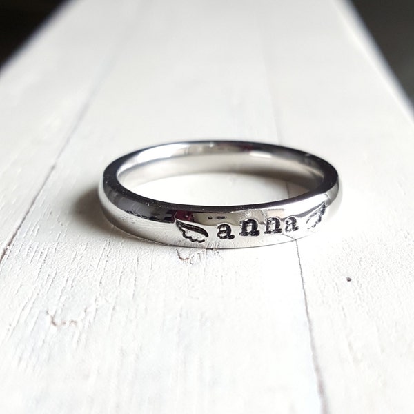 Stainless Steel Stacking Ring Name Ring 3 mm Hand Stamped ring angel wing name ring mothers ring hypoallergenic comfort fit memorial