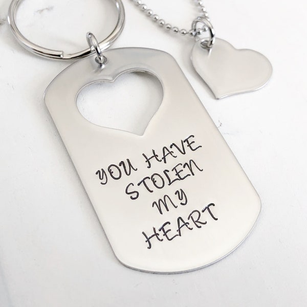 You have stolen my heart keychain with necklace stainless steel custom hand stamped his and hers heart cut out dog tag military