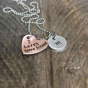 I carry your heart hand stamped inital necklace copper and aluminum personalized necklace charm jewelry
