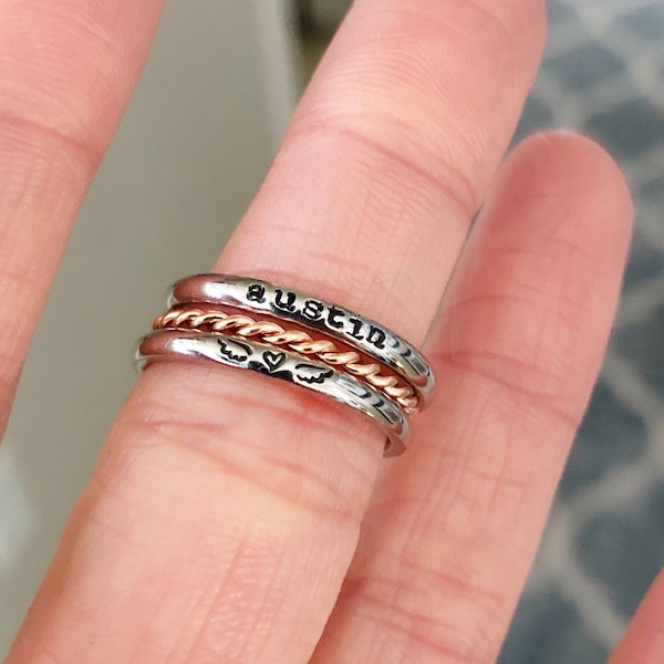 Name Ring, Dainty Name Ring, Stainless Steel Stacking Ring, 2mm Thin Band