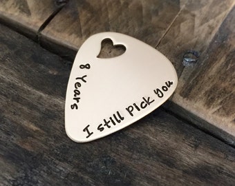 Hand stamped bronze guitar pick open heart 8 year anniversary gift