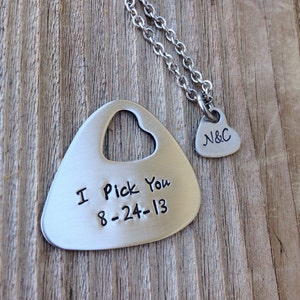 Personalized Guitar pick hand stamped jewlery his and her gift heart necklace I pick you cut out heart steel anniversary gift 11 years image 2