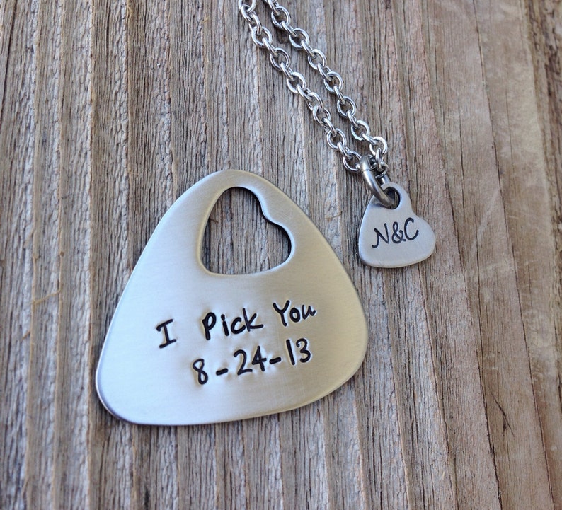 Personalized Guitar pick hand stamped jewlery his and her gift heart necklace I pick you cut out heart steel anniversary gift 11 years image 2