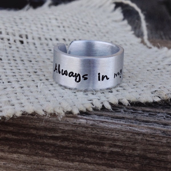 Metal cuff ring hand stamped aluminum hidden message ring always in my heart  jewelry