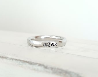 Mother's Day Jewelry name Ring 3 mm stainless steel Hand Stamped ring stackable stamped ring hypoallergenic comfort stacking ring