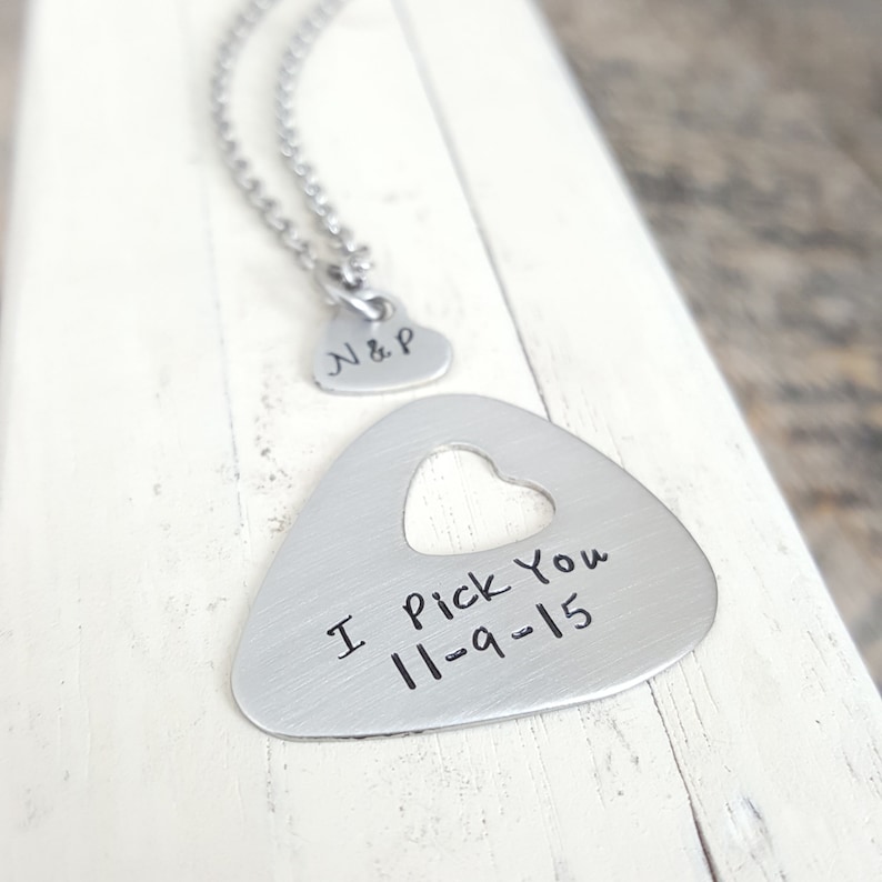 Personalized Guitar pick hand stamped jewlery his and her gift heart necklace I pick you cut out heart steel anniversary gift 11 years image 4