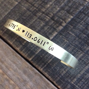 Custom Coordinate cuff personalized hand stamped latitude and longitude coordinates 1/4 inch graduation gift unique grad gift  jewelry