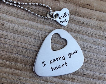 Guitar pick and necklace set hand stamped I carry your heart with me stainless steel gift anniversary 11 year long distance relationship